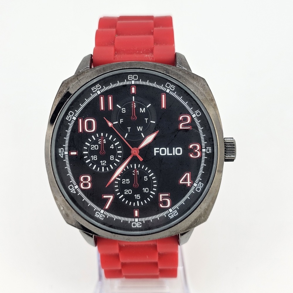 Folio Men's Watch 50MM‎ Black Dial Red Plastic Bands New Battery